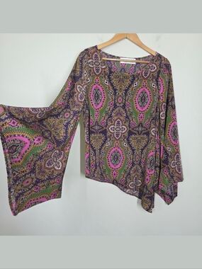 Paisley Medallion Asymmetrical Top Dramatic Bell Sleeves Fairy Grunge Boho Lrg